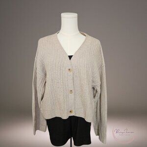 Elle Ribbed Button Front Cardigan Sweater Women’s M Beige Oatmeal Drop Shoulder